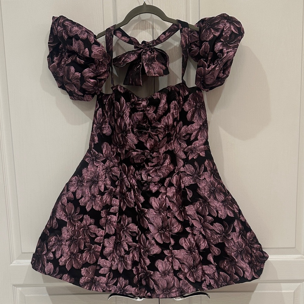 Sugar Thrillz Black and Purple Floral Backless Puff-Sleeve Dress
